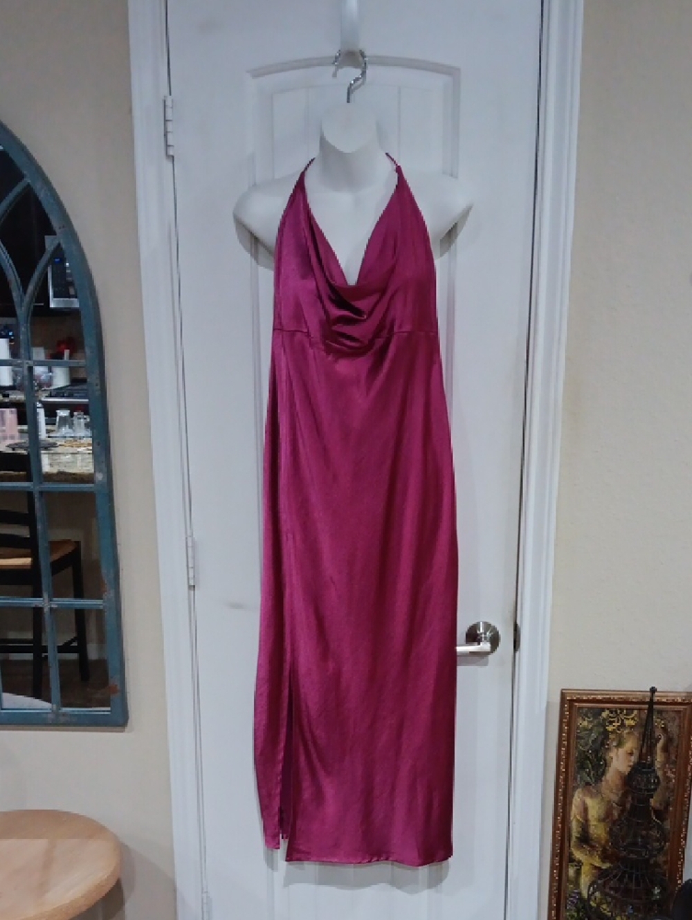 Lioness Magenta Satin Walk The Line High Slit Maxi Slip Dress Large